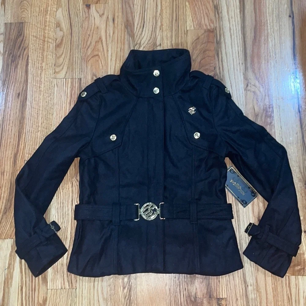 NEW ROCAWEAR black Y2K Zipper Snap  Belted Logo WOOL Winter  COAT Large L